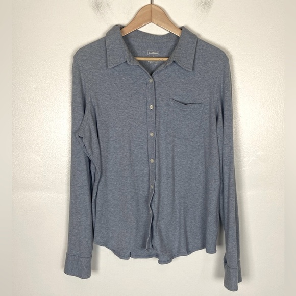 LL Bean Women's Pajama Top Size L Blue Cotton Knit Long Sleeves Button Front - Picture 1 of 8